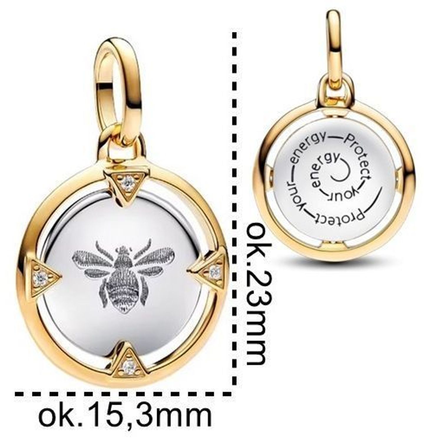 Srebrny charms pozłacany Ag 925 z motywem pszczoły i grawerem „Protect your energy”. Model DIA-CHA-IM0540525CH-925 – biżuteria z przesłaniem, idealna do bransoletki lub naszyjnika.2.jpg