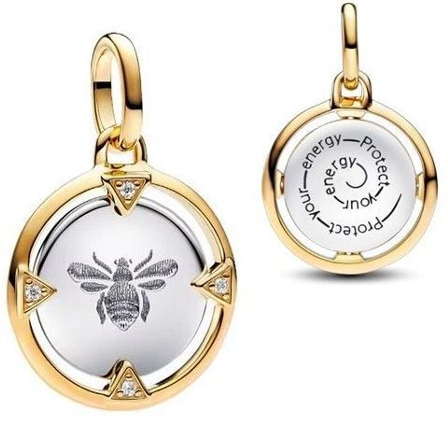 Srebrny charms pozłacany Ag 925 z motywem pszczoły i grawerem „Protect your energy”. Model DIA-CHA-IM0540525CH-925 – biżuteria z przesłaniem, idealna do bransoletki lub naszyjnika.2.jpg