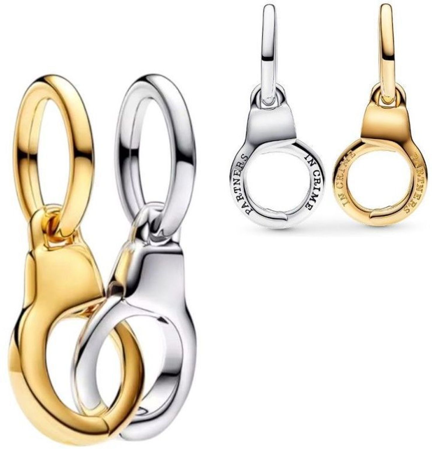 Charms kajdanki z grawerem „Partners in crime”, wykonany ze srebra próby 925 z elementami złoconymi. Idealny dla par lub przyjaciółek. Symbol lojalności i wspólnej przygody.1.jpg