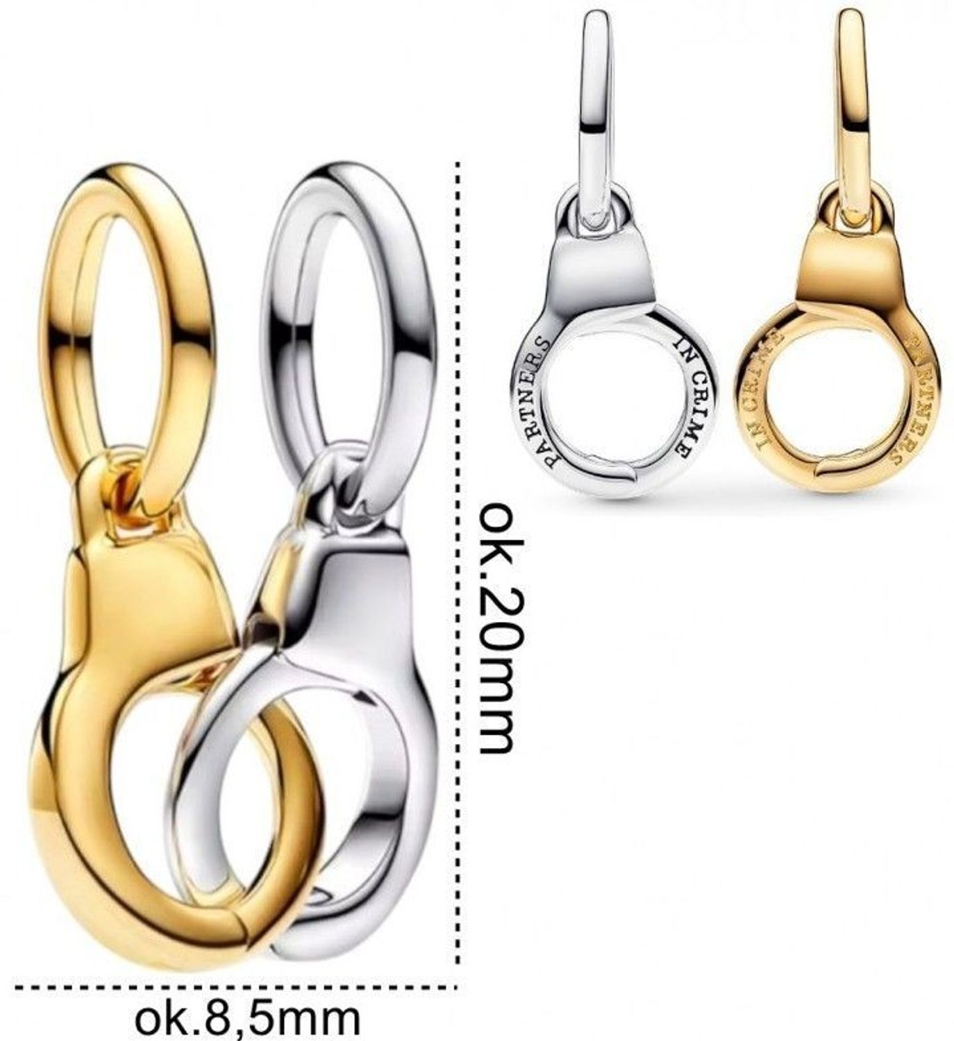 Charms kajdanki z grawerem „Partners in crime”, wykonany ze srebra próby 925 z elementami złoconymi. Idealny dla par lub przyjaciółek. Symbol lojalności i wspólnej przygody.1.jpg