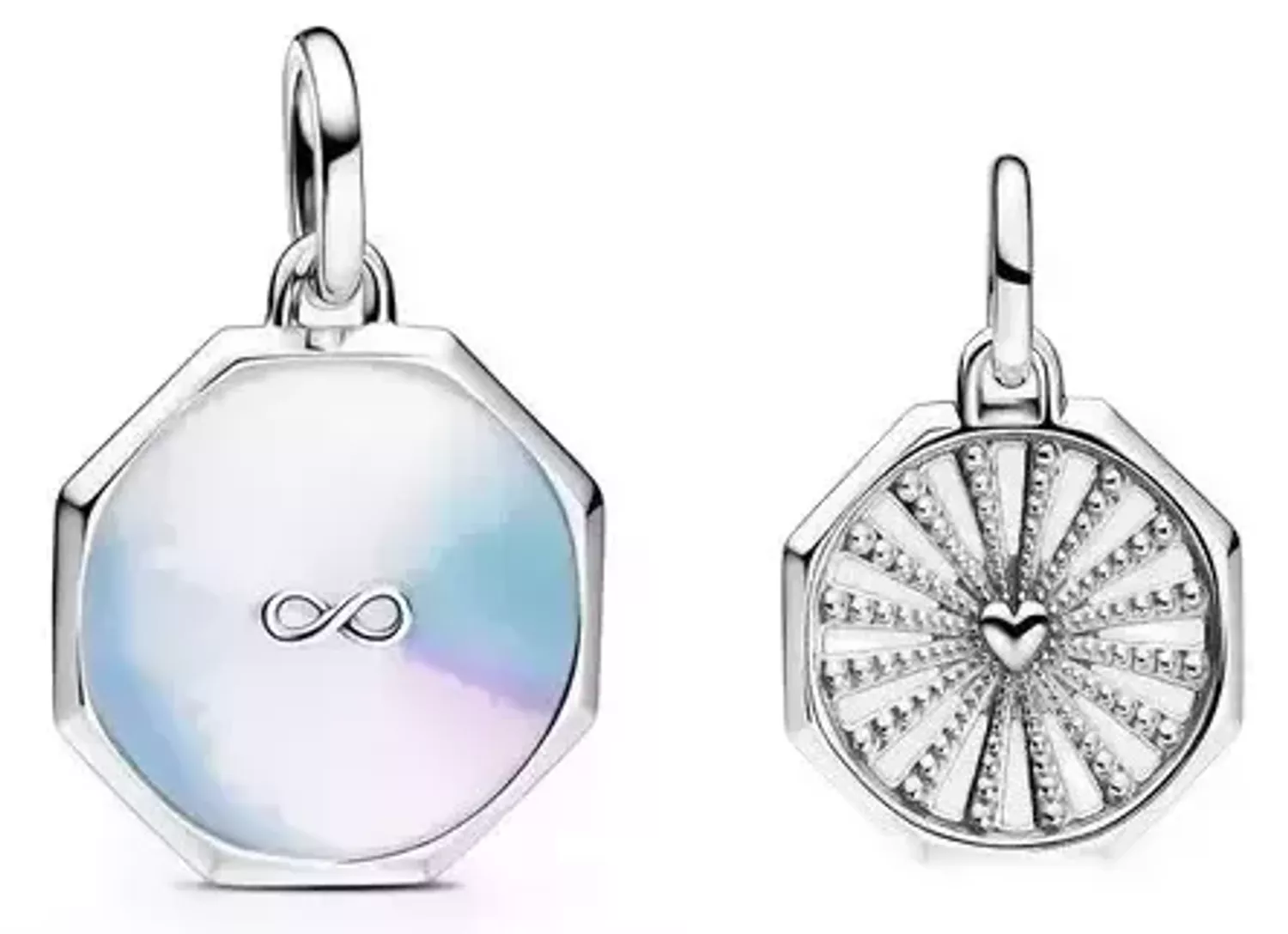 Odkryj dwustronny charms ze srebra próby Ag 925 – z symbolem nieskończoności i sercem. Masa perłowa w odcieniach bieli, różu i fioletu. Idealny do bransoletek typu Pandora.1.webp