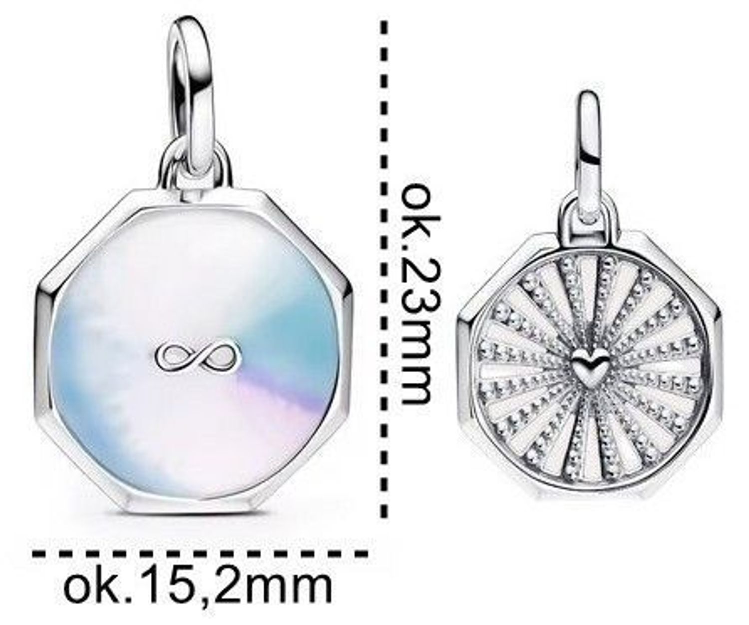 Odkryj dwustronny charms ze srebra próby Ag 925 – z symbolem nieskończoności i sercem. Masa perłowa w odcieniach bieli, różu i fioletu. Idealny do bransoletek typu Pandora.1.webp