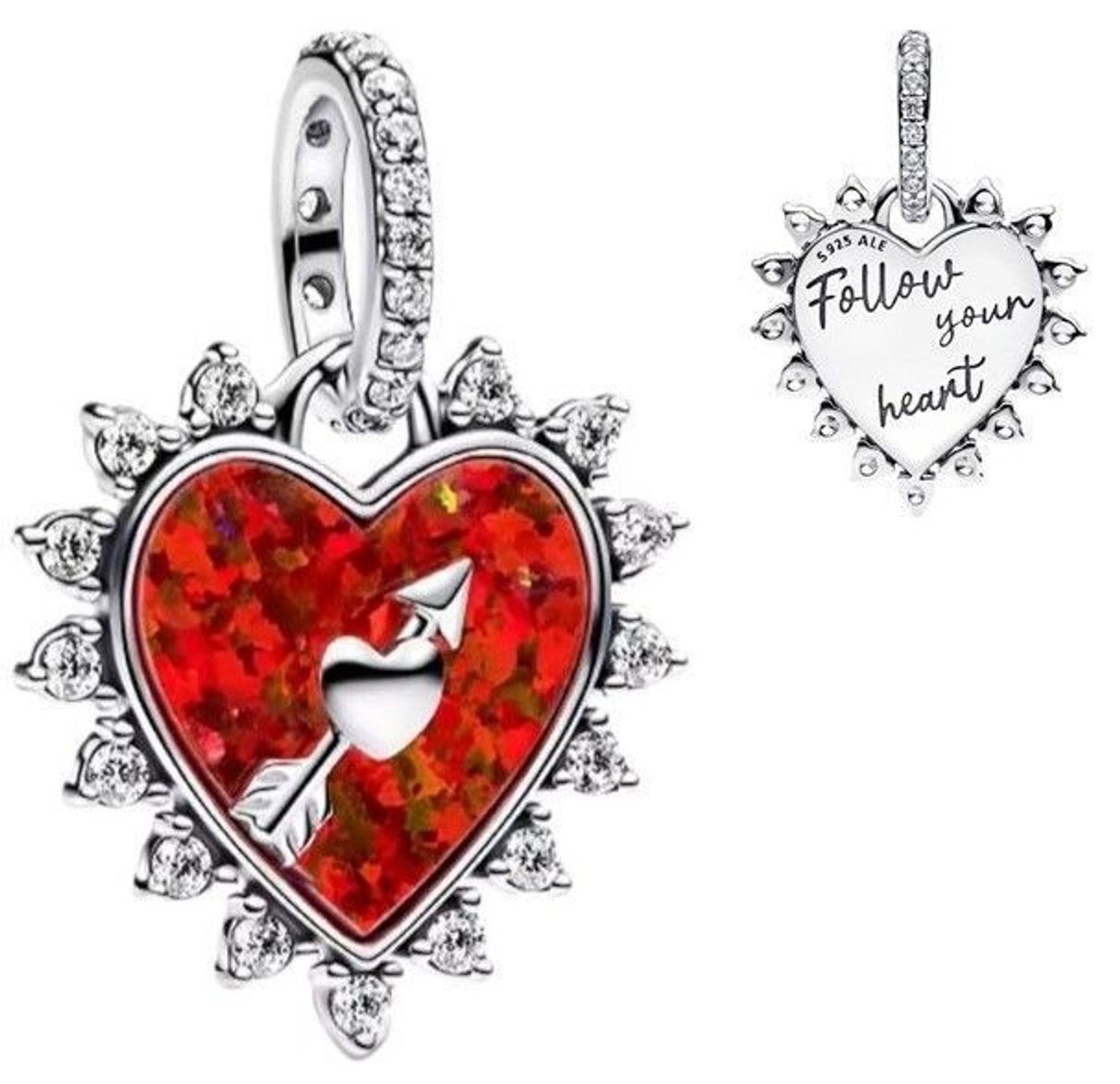 Romantyczny charms srebrny Ag 925 w kształcie serca z czerwonym wnętrzem, ruchomą strzałą i cyrkoniami. Grawer „Follow your heart”. Model DIA-CHA-IM0730525CH-925 – idealny na prezent!1.jpg