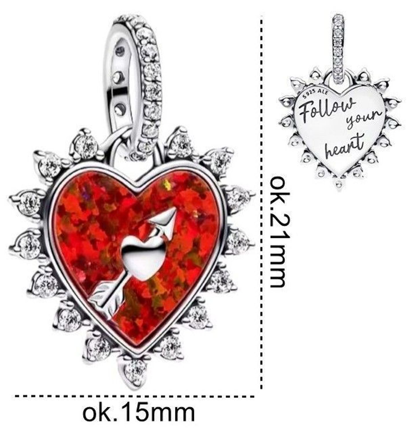 Romantyczny charms srebrny Ag 925 w kształcie serca z czerwonym wnętrzem, ruchomą strzałą i cyrkoniami. Grawer „Follow your heart”. Model DIA-CHA-IM0730525CH-925 – idealny na prezent!1.jpg