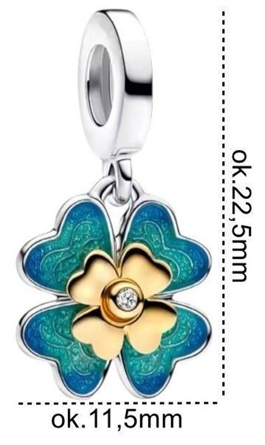 Srebrny charms 925 w kształcie czterolistnej koniczyny z błękitno-zieloną emalią, złoconym środkiem i białą cyrkonią. Symbol szczęścia – idealny na prezent! Model DIA-CHA-IM0740525CH-925.1.jpg