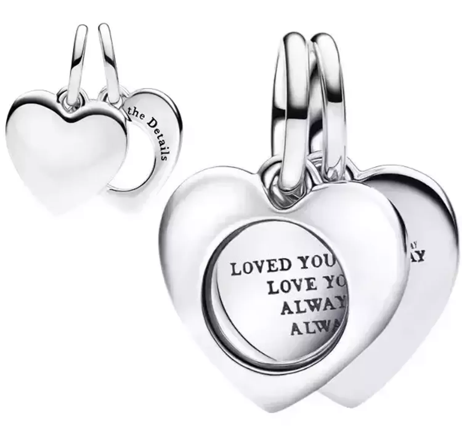 Romantyczny charms w kształcie podwójnego serca z grawerem „Loved you then…” i „Love is in the details”. Pozłacane srebro Ag 925. Idealny prezent dla ukochanej osoby.1.webp