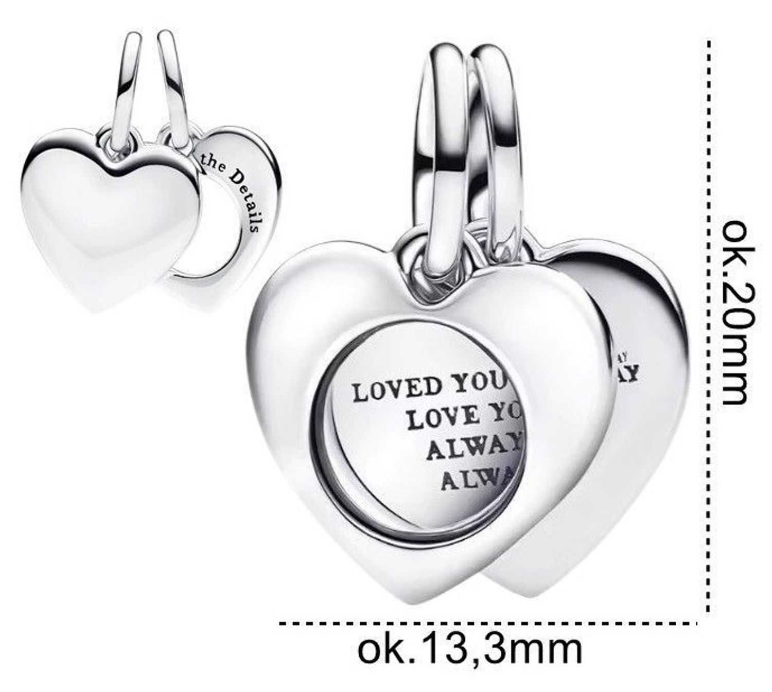 Romantyczny charms w kształcie podwójnego serca z grawerem „Loved you then…” i „Love is in the details”. Pozłacane srebro Ag 925. Idealny prezent dla ukochanej osoby.1.webp