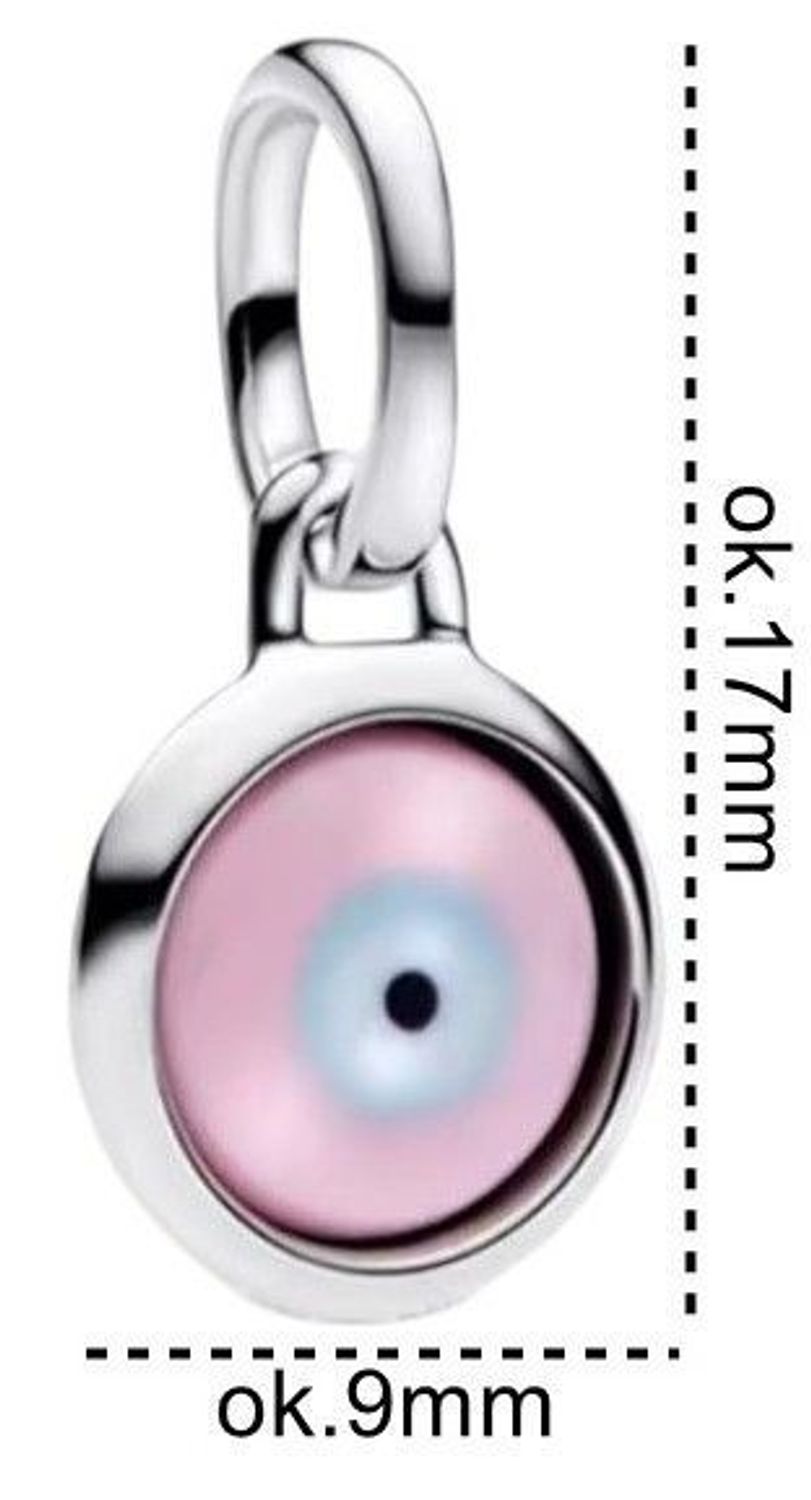 Pozłacany charms srebrny 925 z motywem oka ochronnego w kolorach różowym, błękitnym i czarnym. Symbol talizmanu przeciw złemu urokowi. Model DIA-CHA-IM0770525CH-925 – idealny dodatek i amulet w 1.jpg
