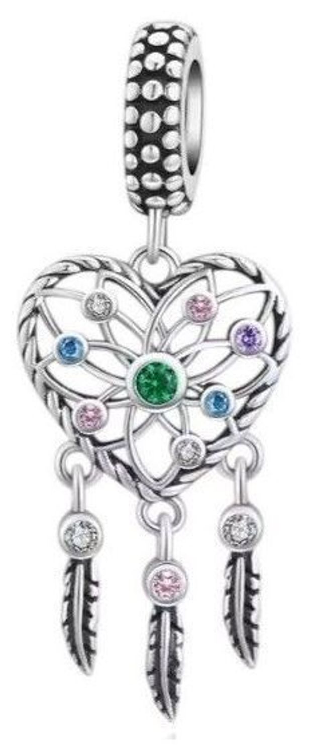 Pozłacany charms srebrny 925 w kształcie serca – łapacz snów z kolorowymi cyrkoniami i wiszącymi piórkami. Symbol ochrony i marzeń. Model DIA-CHA-IM0780525CH-925 – piękny prezent z przesłaniem.1.jpg
