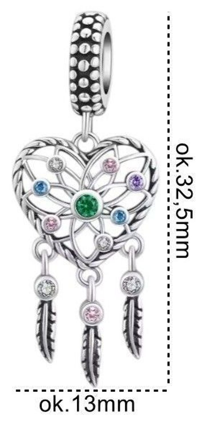 Pozłacany charms srebrny 925 w kształcie serca – łapacz snów z kolorowymi cyrkoniami i wiszącymi piórkami. Symbol ochrony i marzeń. Model DIA-CHA-IM0780525CH-925 – piękny prezent z przesłaniem.1.jpg