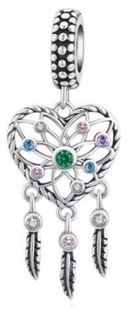 Pozłacany charms srebrny 925 w kształcie serca – łapacz snów z kolorowymi cyrkoniami i wiszącymi piórkami. Symbol ochrony i marzeń. Model DIA-CHA-IM0780525CH-925 – piękny prezent z przesłaniem.1.jpg
