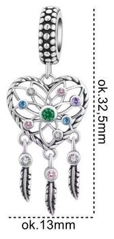Pozłacany charms srebrny 925 w kształcie serca – łapacz snów z kolorowymi cyrkoniami i wiszącymi piórkami. Symbol ochrony i marzeń. Model DIA-CHA-IM0780525CH-925 – piękny prezent z przesłaniem.2.jpg