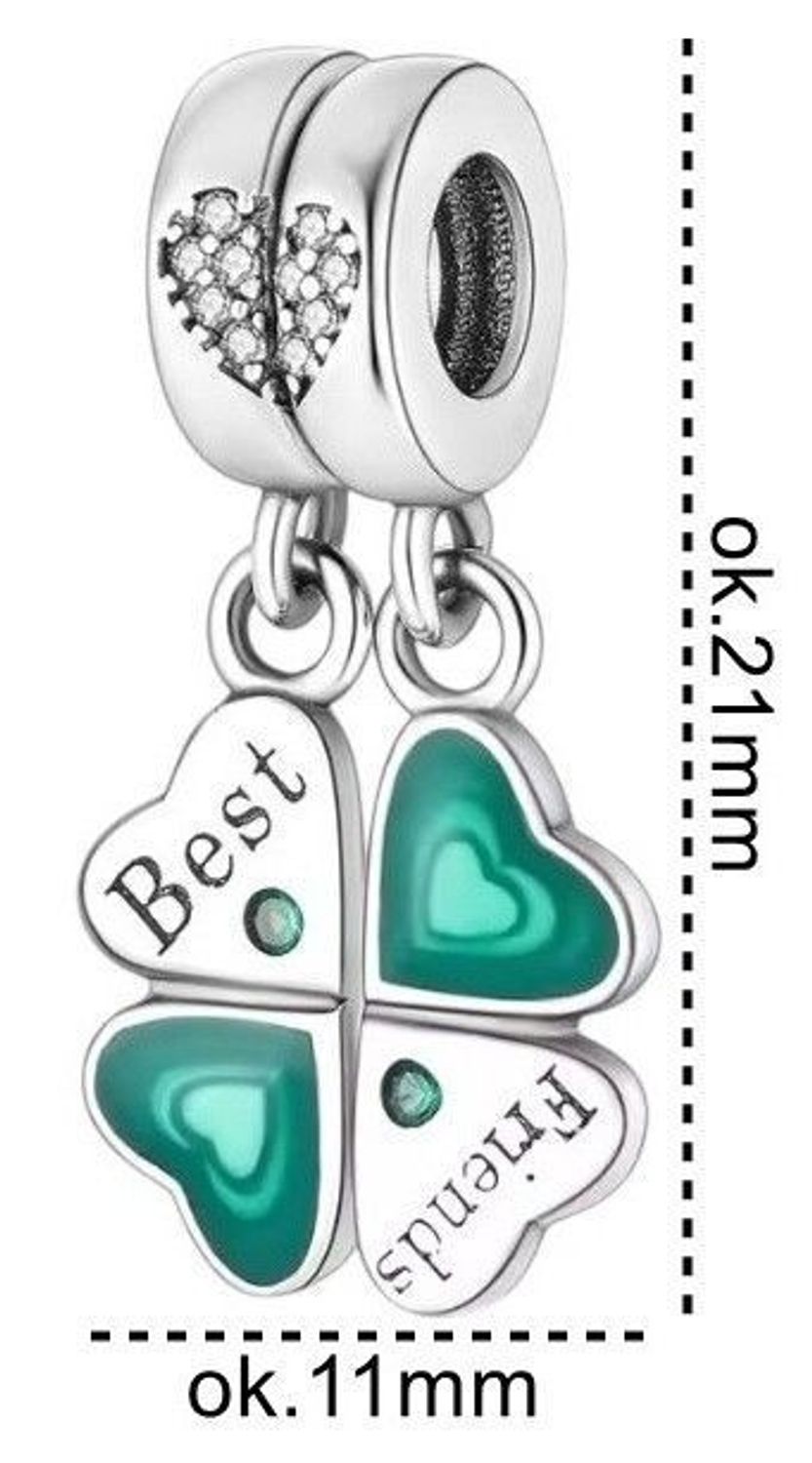 Podwójny charms srebrny 925 w kształcie czterolistnej koniczyny z zieloną emalią i sercem z cyrkonii. Napis Best Friends – idealny prezent dla bliskiej osoby. Model DIA-CHA-IM0810525CH-925.2.jpg