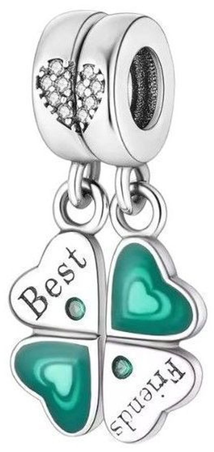 Podwójny charms srebrny 925 w kształcie czterolistnej koniczyny z zieloną emalią i sercem z cyrkonii. Napis Best Friends – idealny prezent dla bliskiej osoby. Model DIA-CHA-IM0810525CH-925.2.jpg