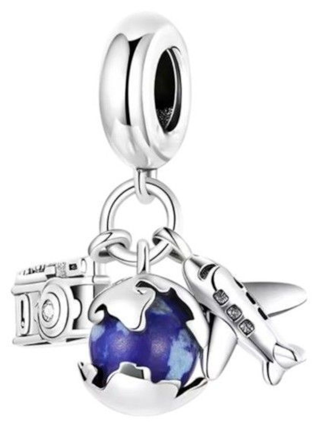 Podróżniczy charms srebrny Ag 925 z samolotem, aparatem i globusem w odcieniach niebieskiego. Emaliowana zawieszka – idealna dla miłośników przygód. Sprawdź model DIA-CHA-IM2420425CH-925!1.jpg