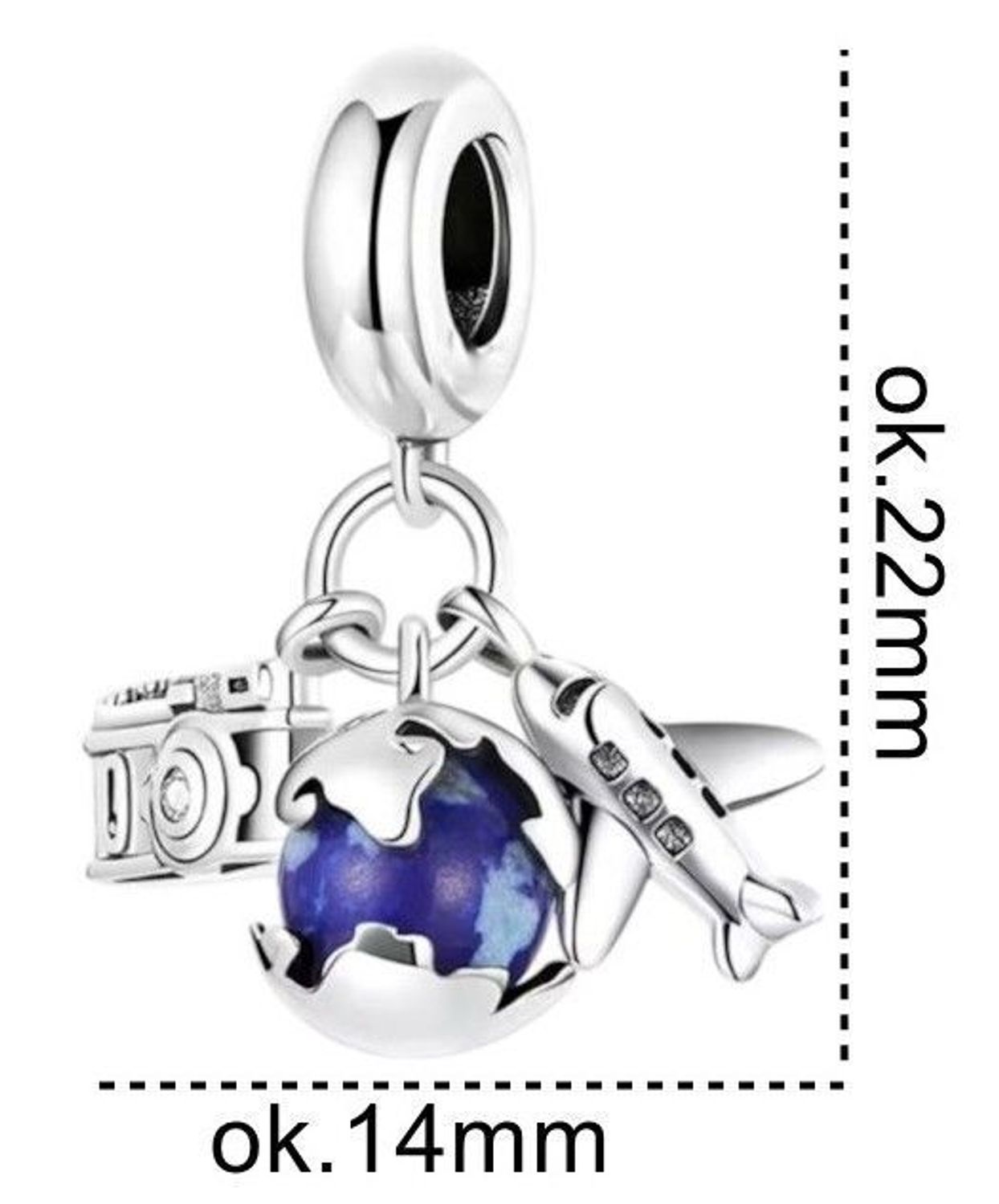 Podróżniczy charms srebrny Ag 925 z samolotem, aparatem i globusem w odcieniach niebieskiego. Emaliowana zawieszka – idealna dla miłośników przygód. Sprawdź model DIA-CHA-IM2420425CH-925!1.jpg