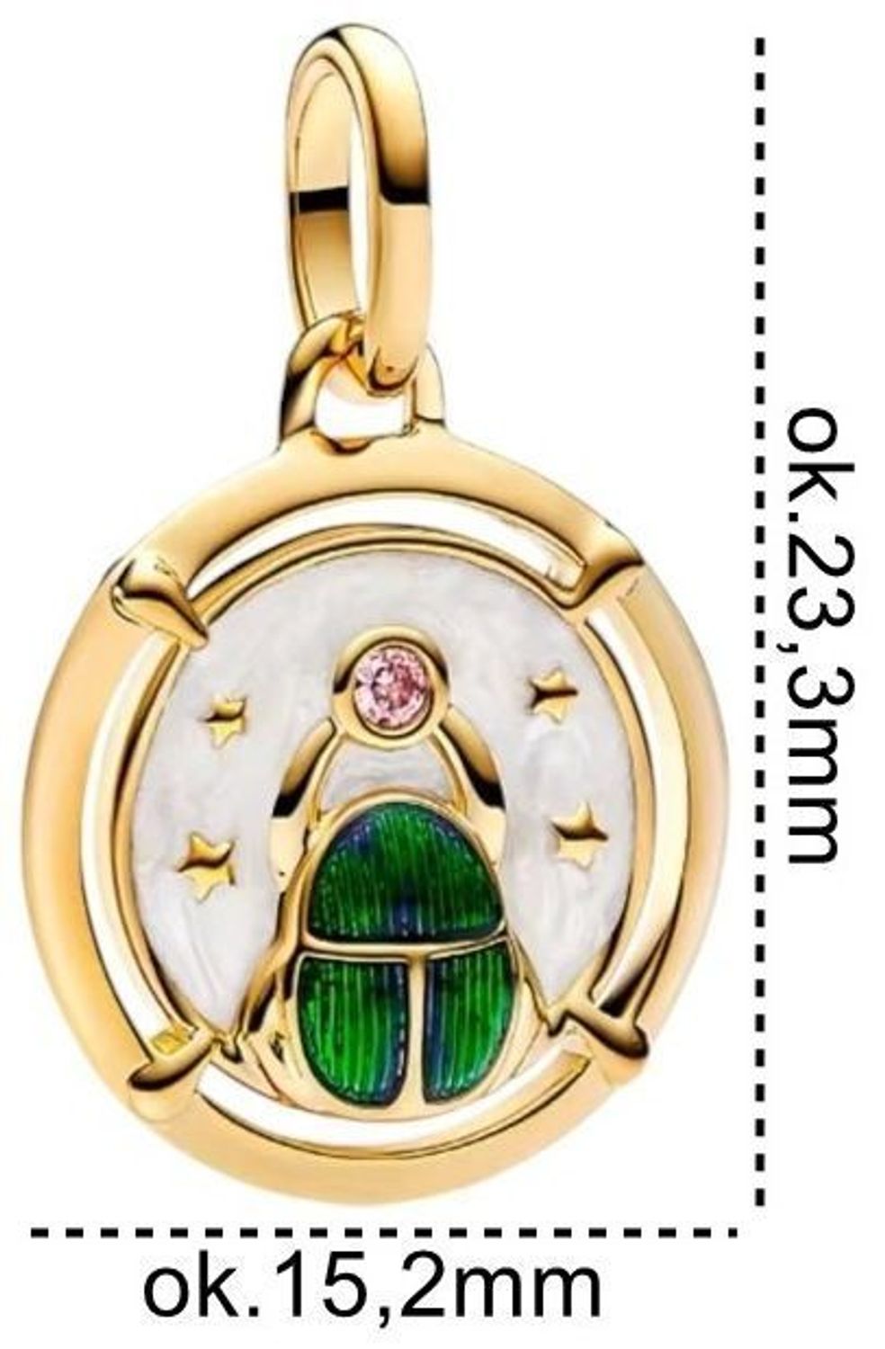 Charms srebrny pozłacany 925 Skarabeusz IM2450425CH z emalią i różową cyrkonią. Symbol ochrony i siły, ozdoba do bransoletek modułowych. Wymiary 15,2 × 23,3 mm, waga ok. 2,2 g.11.jpg