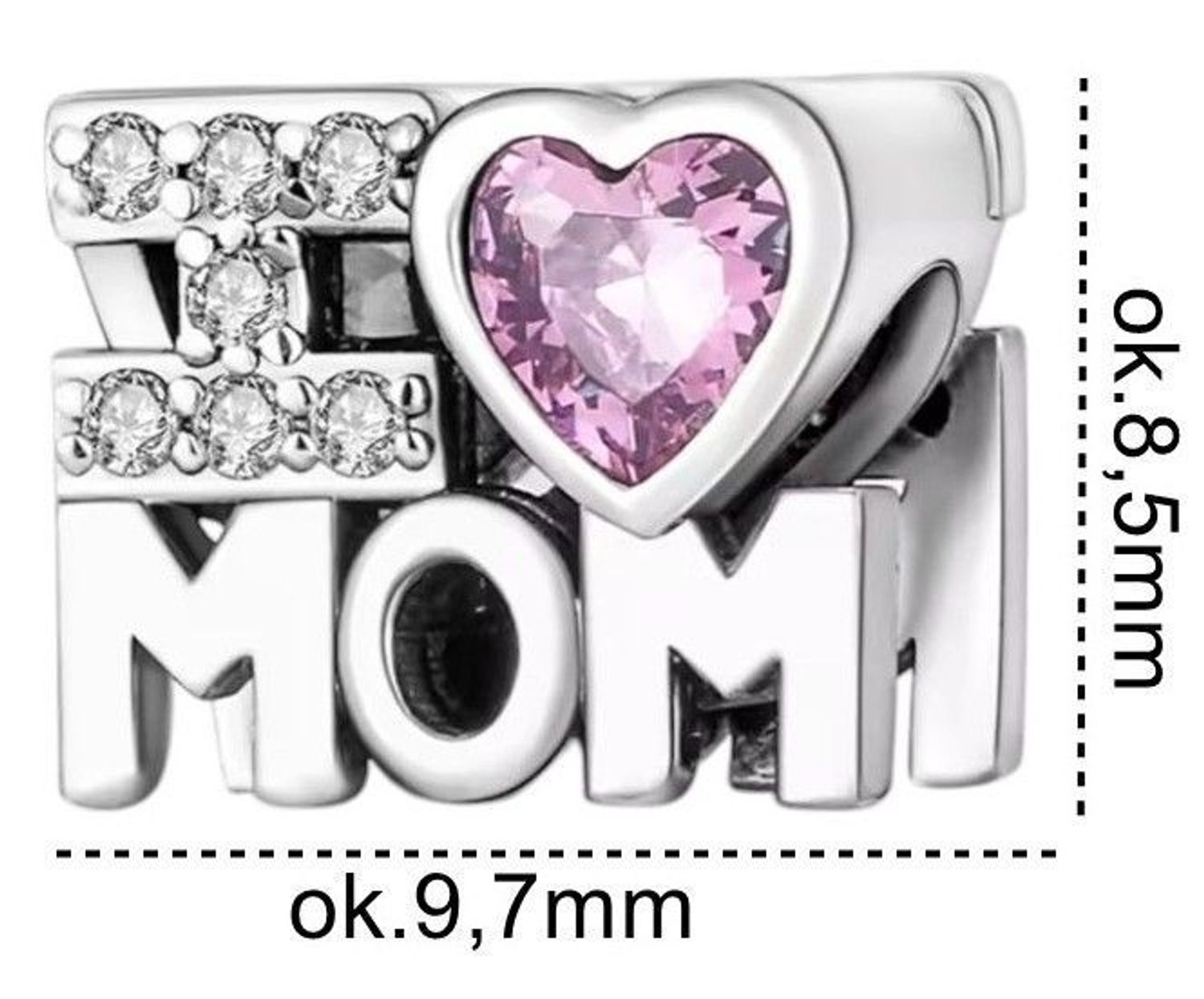 Wyjątkowy charms srebrny 925 I ♥ MOM z różowym sercem i błyszczącymi cyrkoniami. Idealny prezent na Dzień Matki lub inną wyjątkową okazję. Model DIA-CHA-IM3000425CH-925.2.jpg