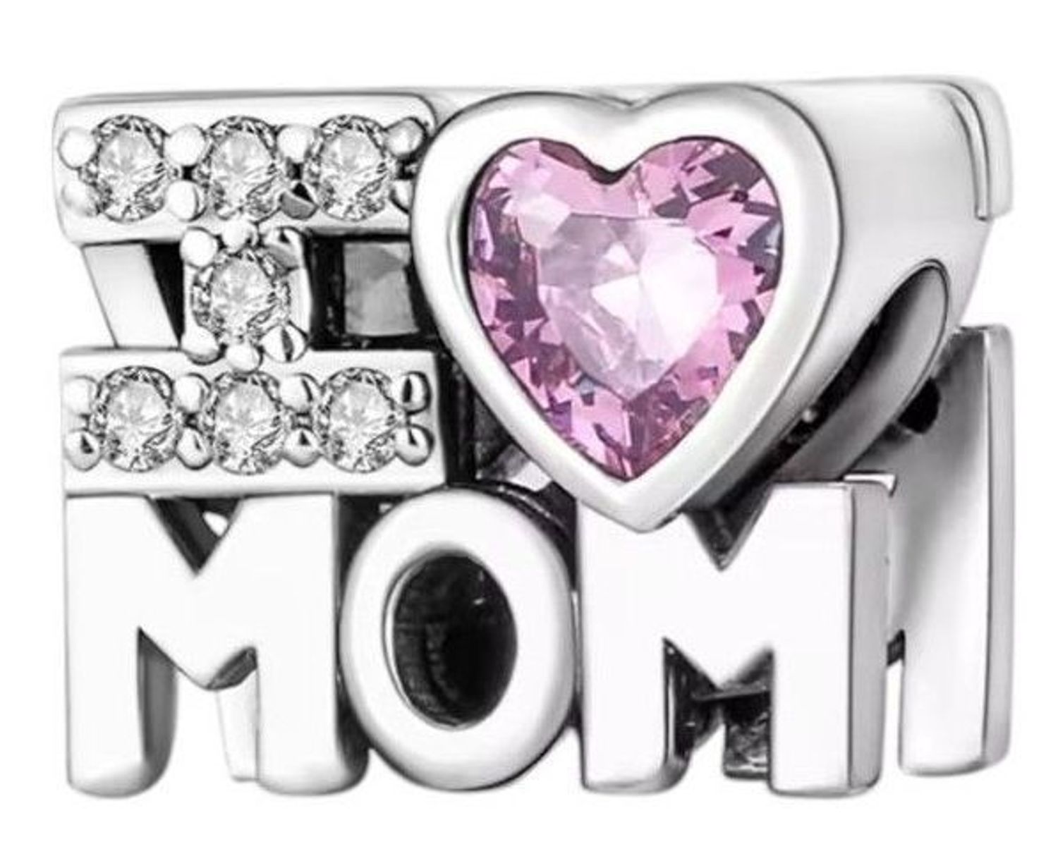 Wyjątkowy charms srebrny 925 I ♥ MOM z różowym sercem i błyszczącymi cyrkoniami. Idealny prezent na Dzień Matki lub inną wyjątkową okazję. Model DIA-CHA-IM3000425CH-925.2.jpg
