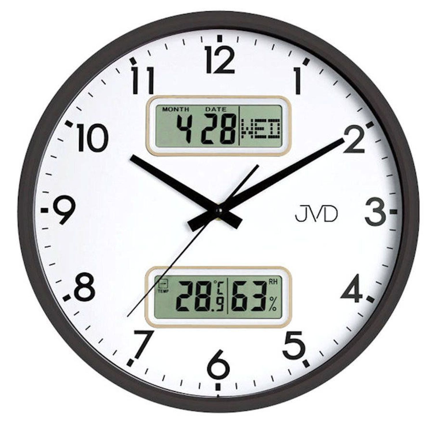 Czytelny okrągły podświetlany zegar ścienny z datownikiem JVD DH239.2. Cyfrowy datownik, termometr, higrometr, czujnik światła i.jpg