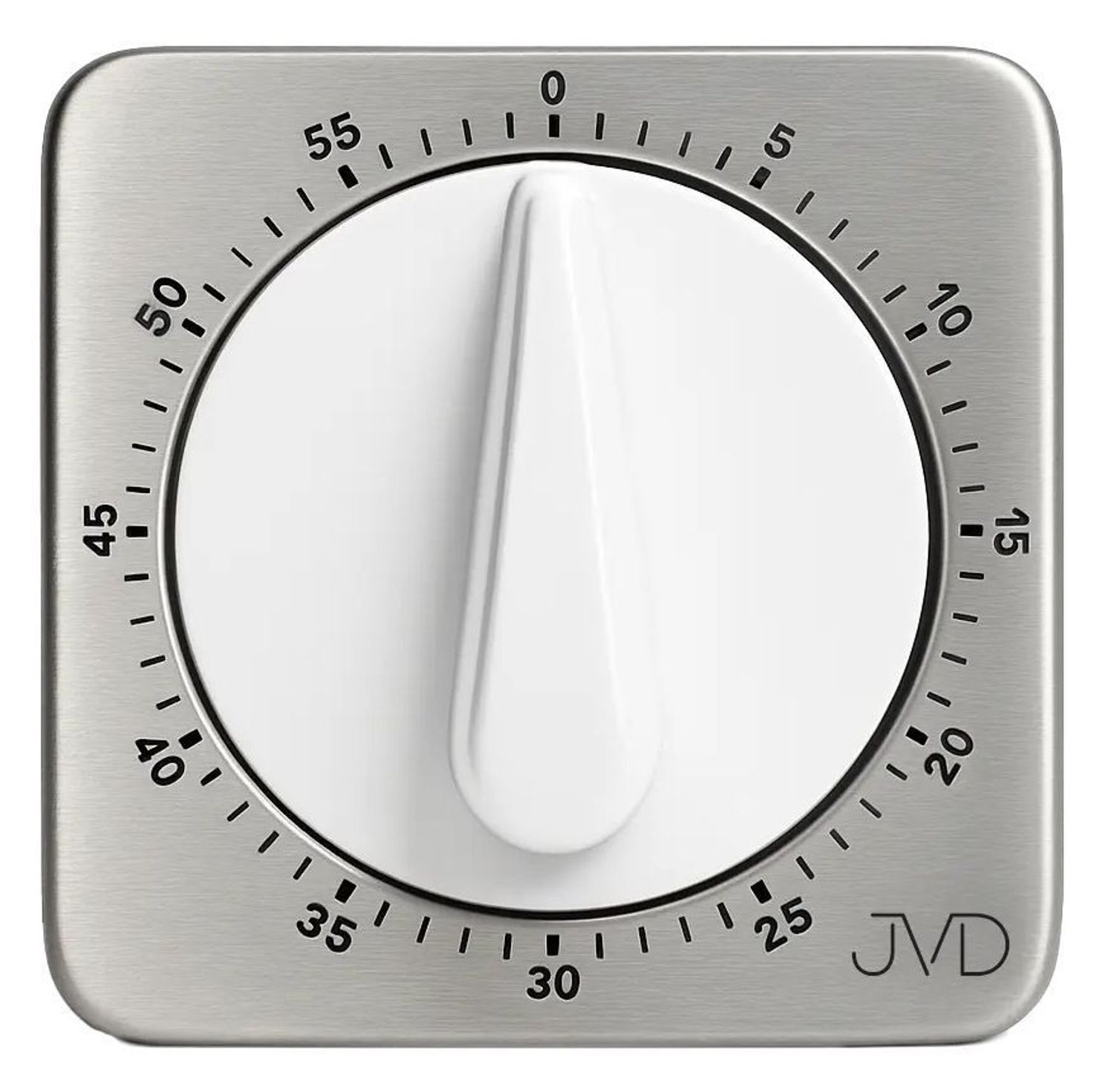 Minutnik mechaniczny JVD DM79.1 – metalowy, kwadratowy, biały element, kuchenny timer.jpg