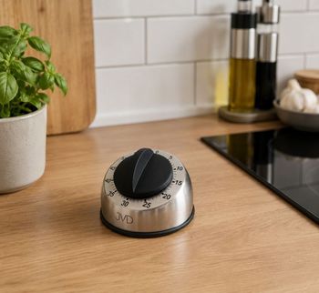Minutnik mechaniczny JVD DM83 – srebrny timer kuchenny ze stali.jpg
