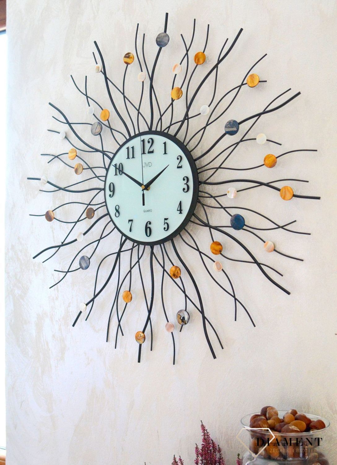 Zegar ścienny duży 70 cm nowoczesny HJ02. Nowoczesny zegar ścienny z ozdobnymi koralikami z masy perłowej. Zegar ścienny (3).JPG