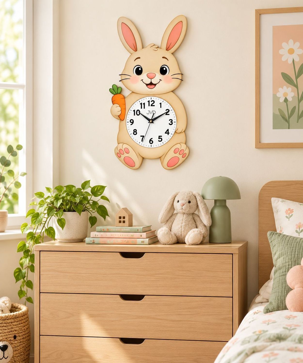 Zegar ścienny dziecięcy JVD HJ121 króliczek z marchewką – płynąca wskazówka, 45 × 24 cm (1).jpg