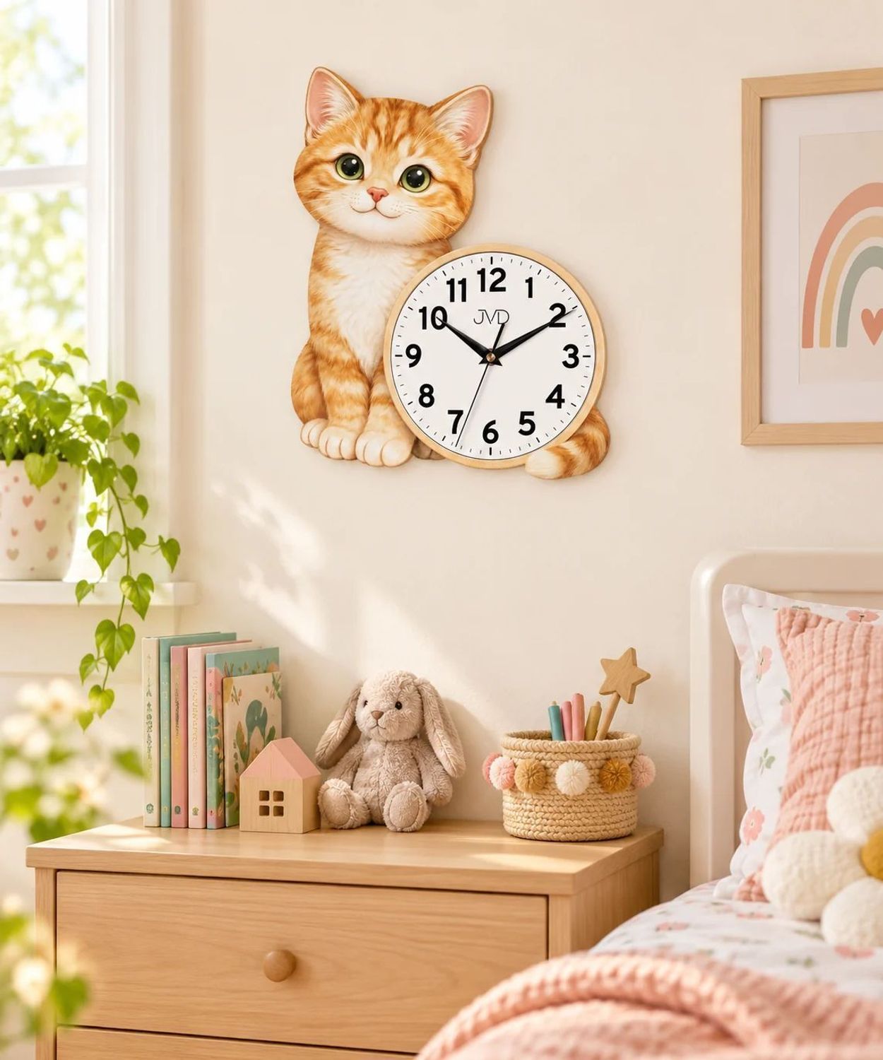 Zegar ścienny dziecięcy JVD HJ123 kotek – brązowy, MDF, 40 × 30 cm.jpg