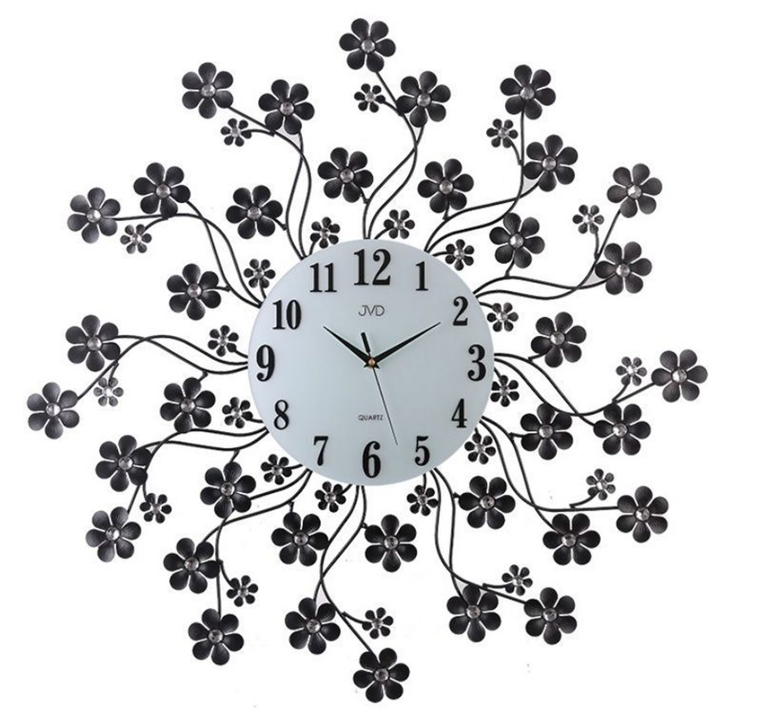 Zegar na ścianę nowoczesny z kryształkami JVD kwiatki HJ85.  Zegar ścienny JVD HJ85 wyposażony jest w kwarcowy mechanizm, zasilany za pomocą baterii. Posiada bardzo wysoką dokładność mierzenia czasu +- 10 sekund w przeciągu 30 dni..jpg