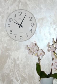 Stylowy zegar ścienny JVD HK4129.1 z plastikową, beżowa obudową i białą tarczą. Kwarcowy, z płynącą wskazówką, średnica 35 cm (2).JPG