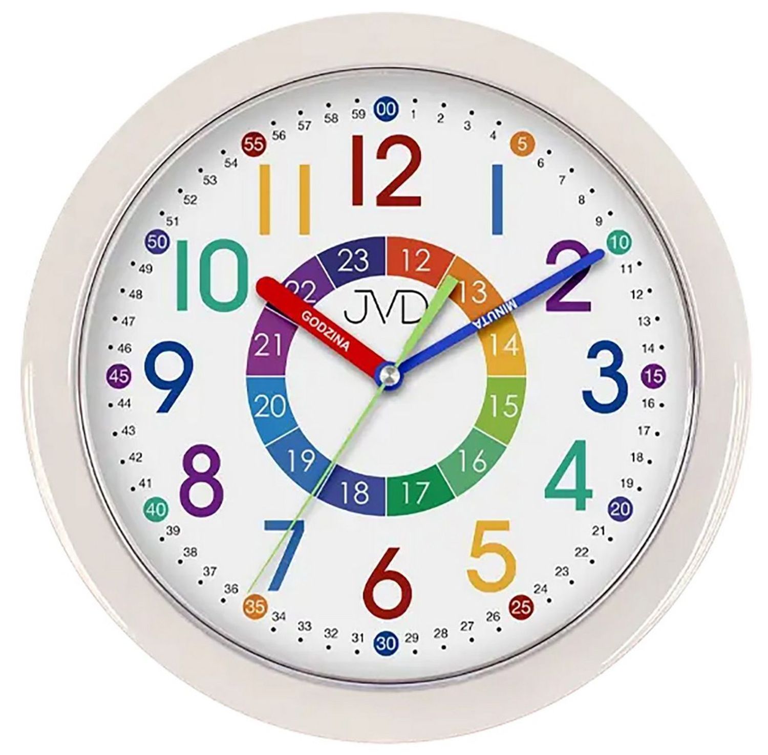 Edukacyjny zegar ścienny JVD HP612.D14 – biały, 25 cm. Cichy mechanizm kwarcowy SWEEP, kolorowa tarcza z arabskimi cyframi. Idealny do nauki godzin w domu, szkole i przedszkolu.1.jpg