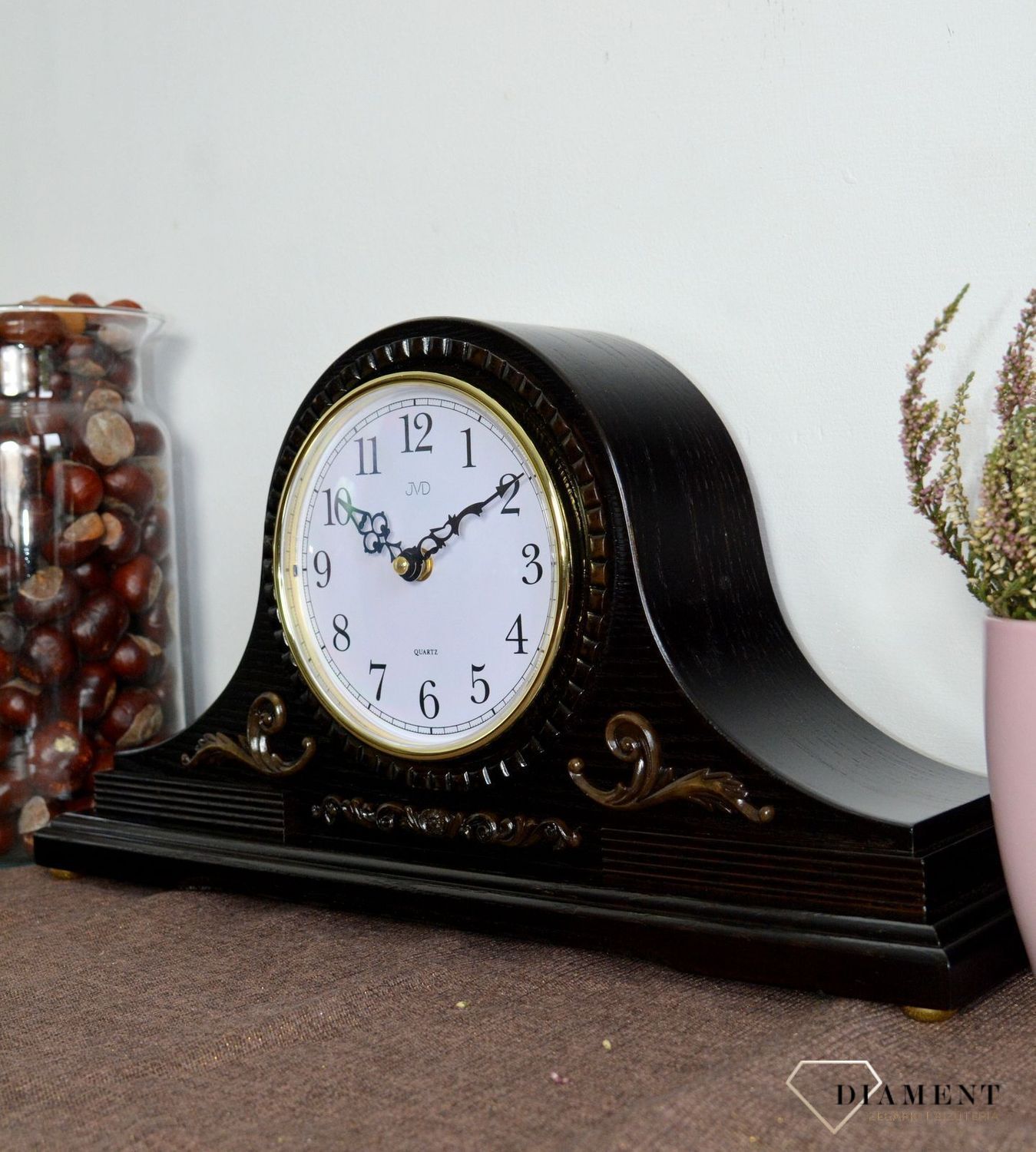 Zegar kominkowy drewniany w kolorze wenge HS11.2  z czytelnym cyferblatem to piękny dodatek do Twojego wnętrza. Idealny pomysł na prezent na rocznicę Ślubu- będzie to pamiątką na lata (5).JPG