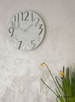 Nowoczesny zegar na ścianę do salonu 'Mleczne szkło' HT101.1.  Nowoczesny zegar na ścianę do salonu szklany JVD wyposażony jest w kwarcowy mechanizm, zasilany za pomocą baterii.Energia elektryczna potrzebna do działania (1).JPG