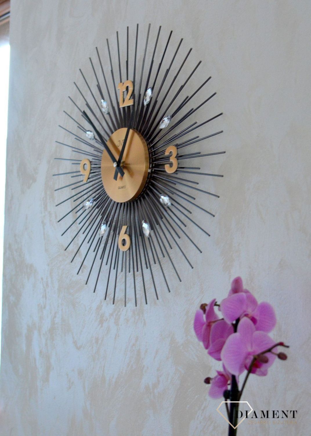 Zegar ścienny 45 cm z kryształkami Złoty Cristal HT114.2.jpg