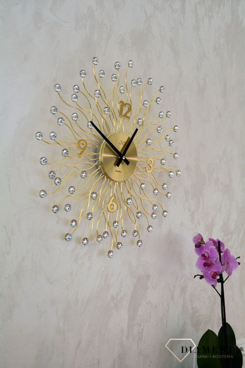 Zegar ścienny 49 cm z kryształkami Złoty Cristal HT116.2.jpg