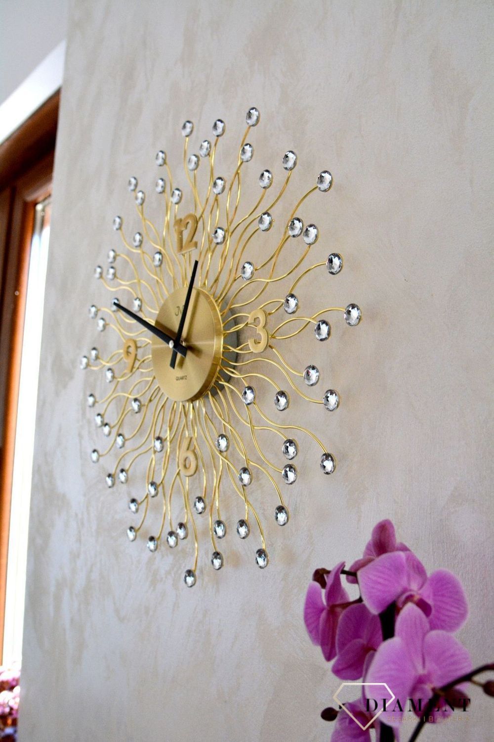 Zegar ścienny 49 cm z kryształkami Złoty Cristal HT116.2.jpg