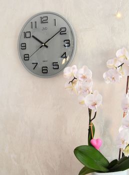 Nowoczesny szary zegar ścienny JVD HX2472.13 z cichym mechanizmem kwarcowym i płynącym sekundnikiem. Wypukłe szkło (1).JPG