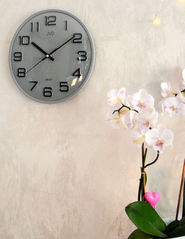 Nowoczesny szary zegar ścienny JVD HX2472.13 z cichym mechanizmem kwarcowym i płynącym sekundnikiem. Wypukłe szkło (4).JPG