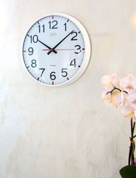 Biały zegar JVD HX2508.1 z czerwonymi akcentami, 30 cm. Cichy mechanizm, płynący sekundnik (4).JPG