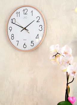 Stylowy zegar ścienny JVD HX8016.2 w kolorze brązowym, średnica 30 cm. Cichy, płynący sekundnik. Wypukłe szkło (6).JPG