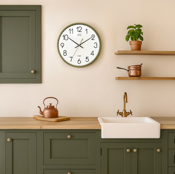 zegar ścienny JVD, zielony zegar ścienny, cichy zegar na ścianę, zegar ścienny do kuchni.png