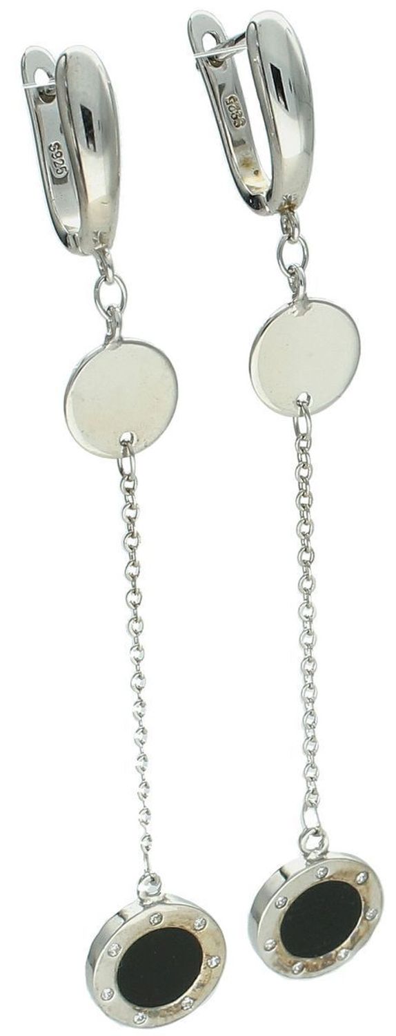 Wiszące kolczyki damskie wykonane ze srebra próby 925, zdobione czarną emalią i białymi cyrkoniami. Długość 7 cm, zapięcie bigiel angielski. Stylowa i oryginalna biżuteria.1.jpg