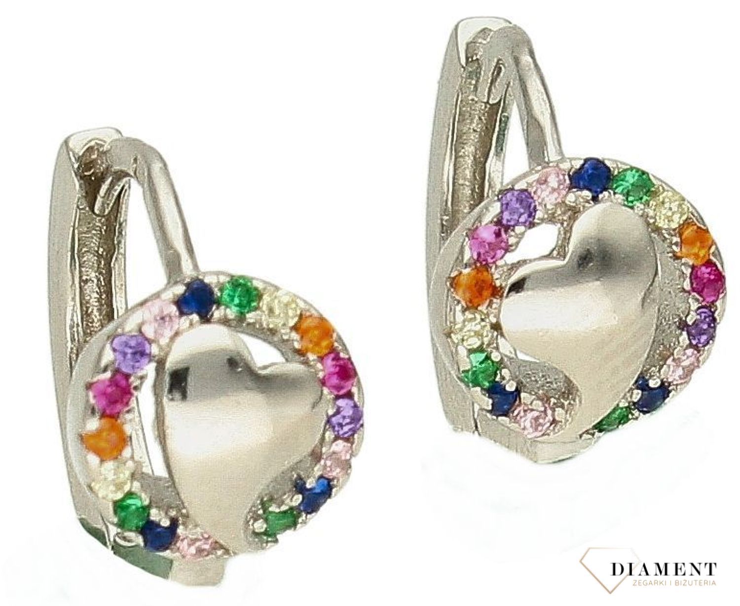 Kolczyki srebrne Serduszka kolorowe cyrkonie DIA-KLC-10004-925. Kolczyki srebrne dla dziewczynki. Prezent dla córki. Delikatna biżuteria. Kolczyki z wygodnym zapięciem na zatrzask..jpg