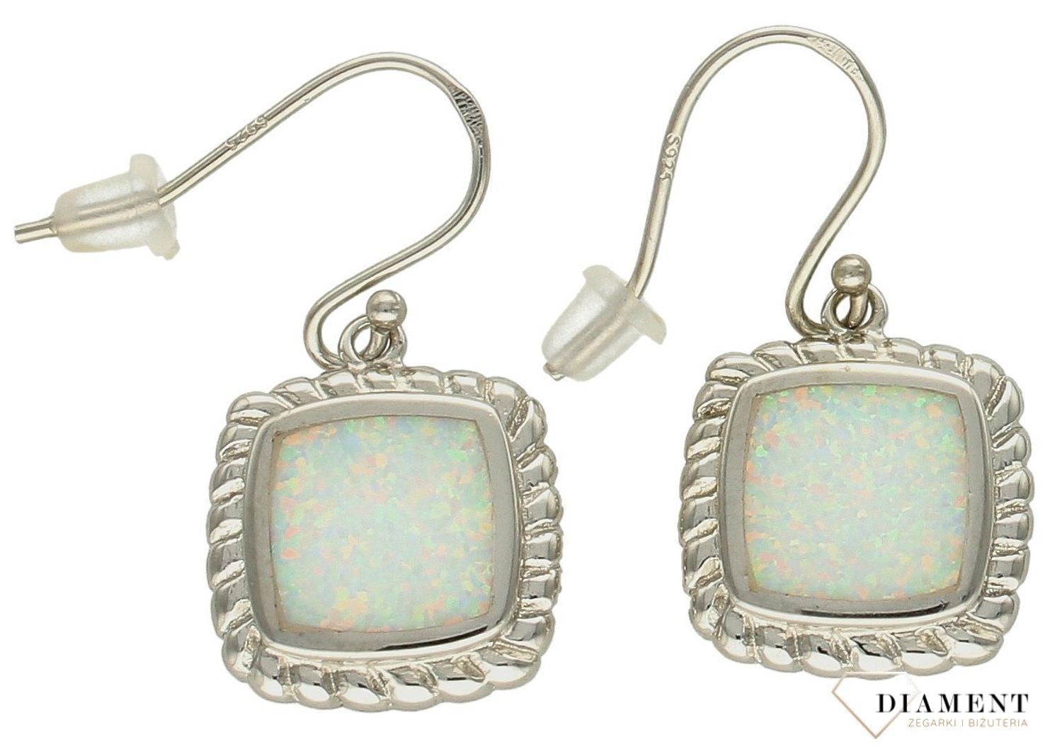 Srebrne kolczyki damskie 925 wiszące kwadraty z białym opalem DIA--10090-925. Srebrne kolczyki dla kobiety. Pomysł na prezent dla kobiety. Białe kolczyki. 1.jpg