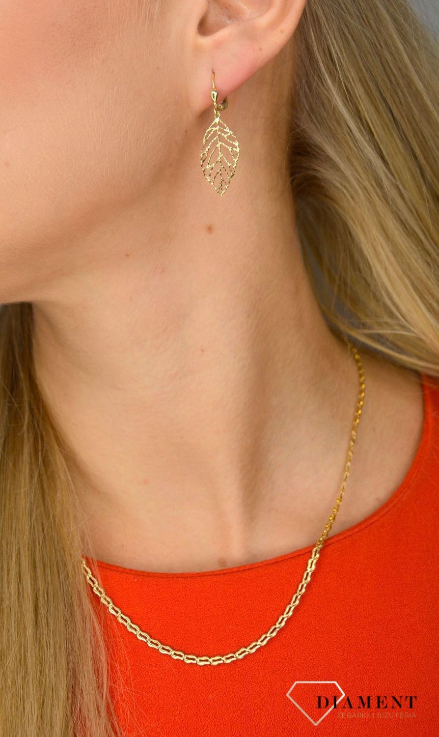 Złote kolczyki 585 wiszące ażurowe liście DIA-KLC-1014-585.jpg