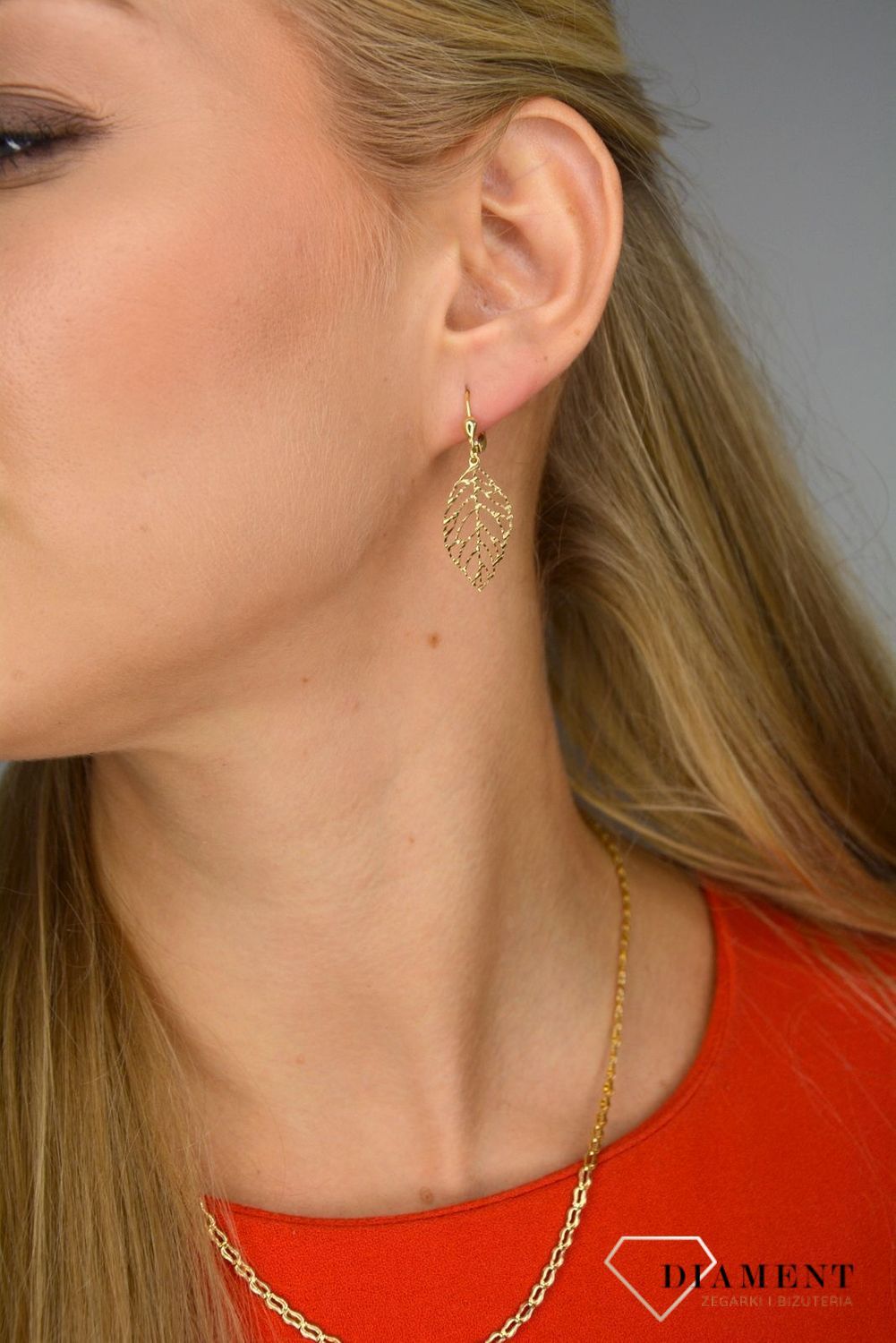 Złote kolczyki 585 wiszące ażurowe liście DIA-KLC-1014-585.jpg