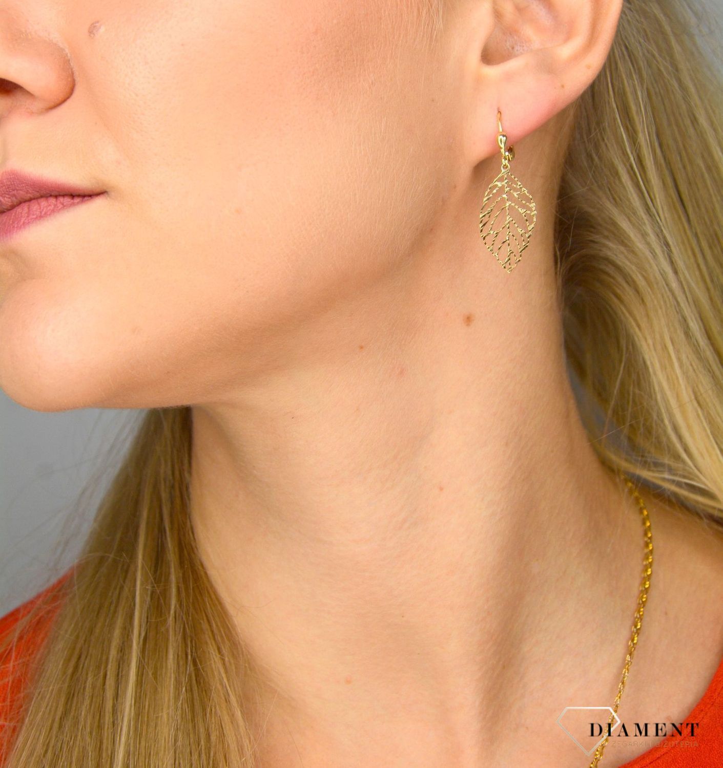 Złote kolczyki 585 wiszące ażurowe liście DIA-KLC-1014-585.jpg