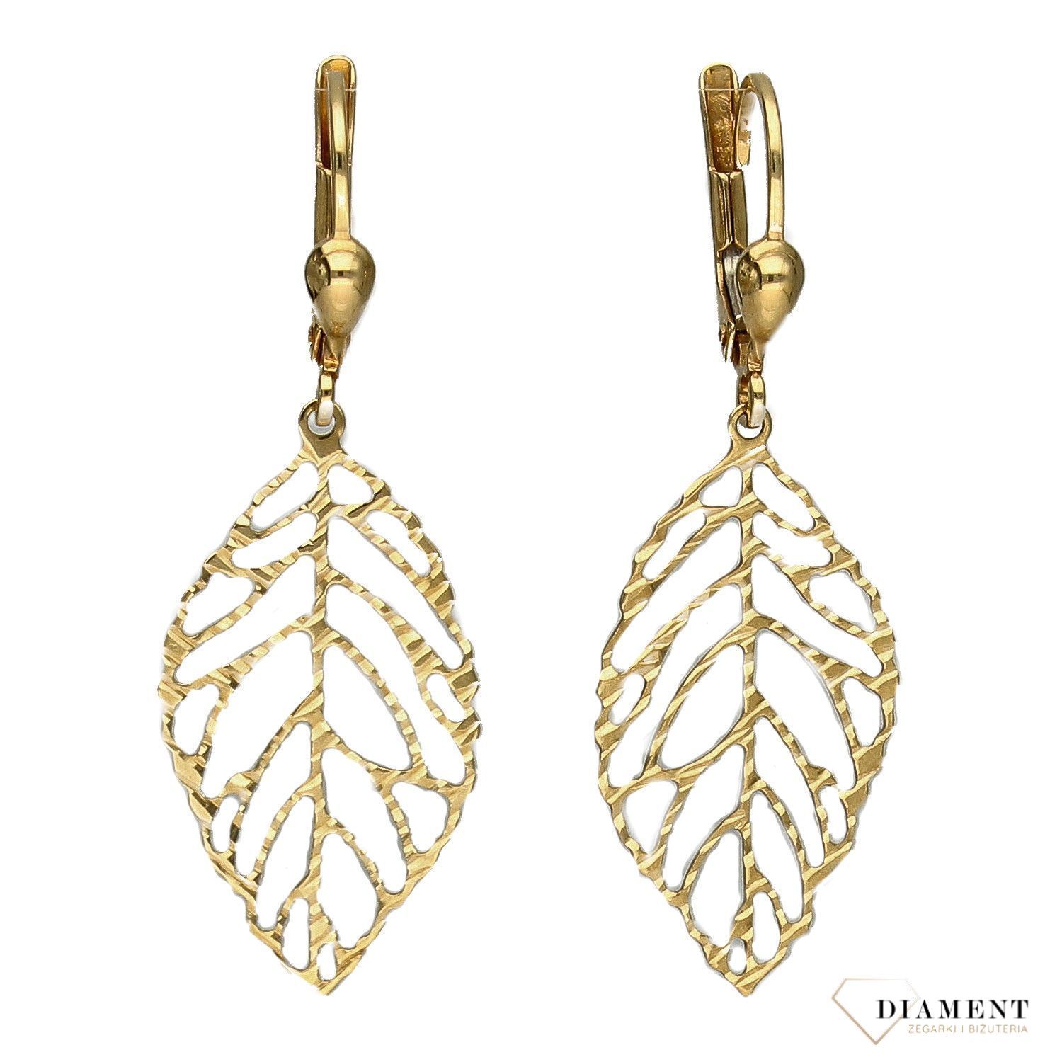 Złote kolczyki 585 wiszące ażurowe liście DIA-KLC-1014-585.jpg