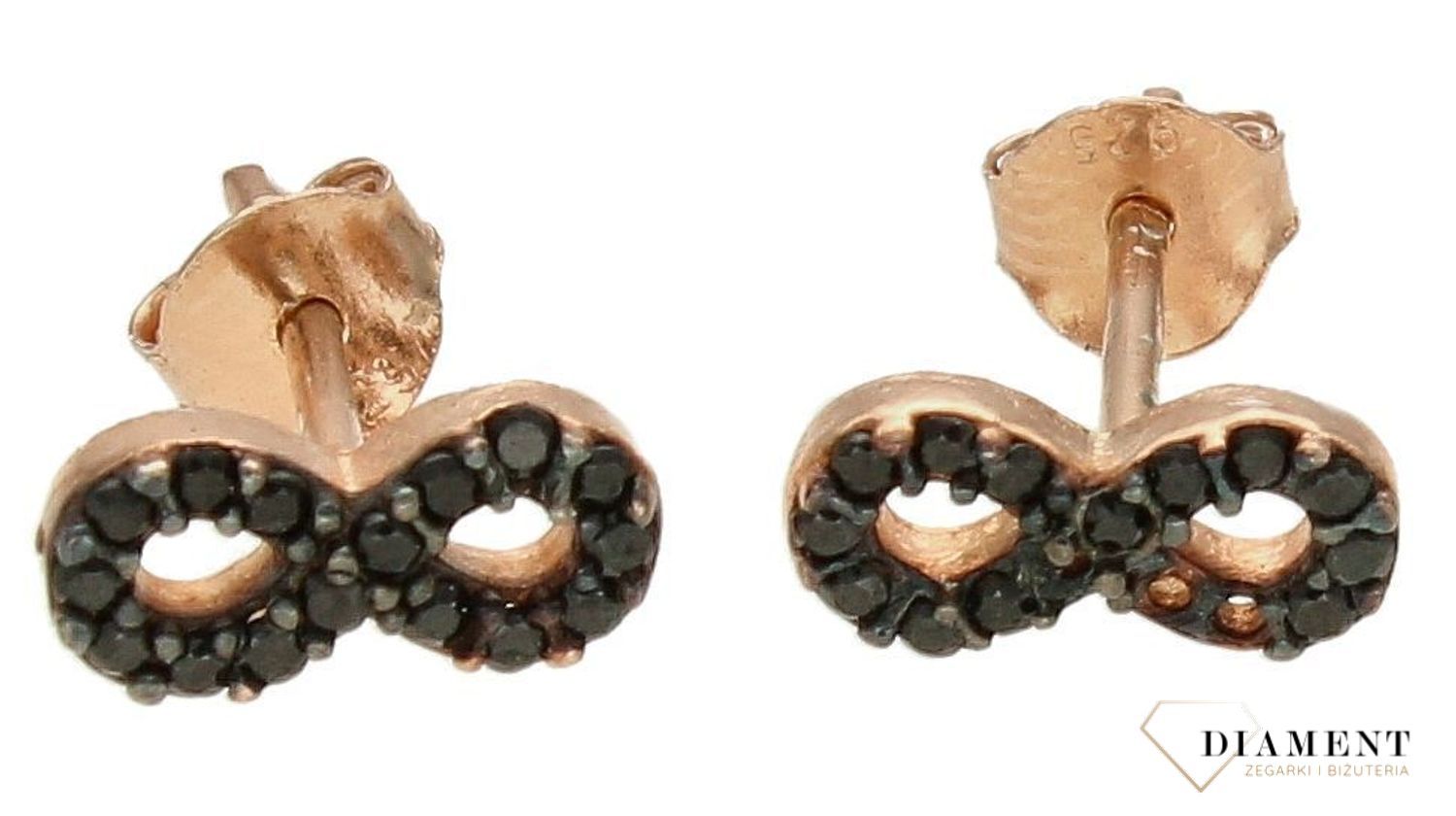 Srebrne kolczyki pokryte złotem na sztyft z czarną cyrkonią nieskończoność DIA-KLC-10171-925.jpg